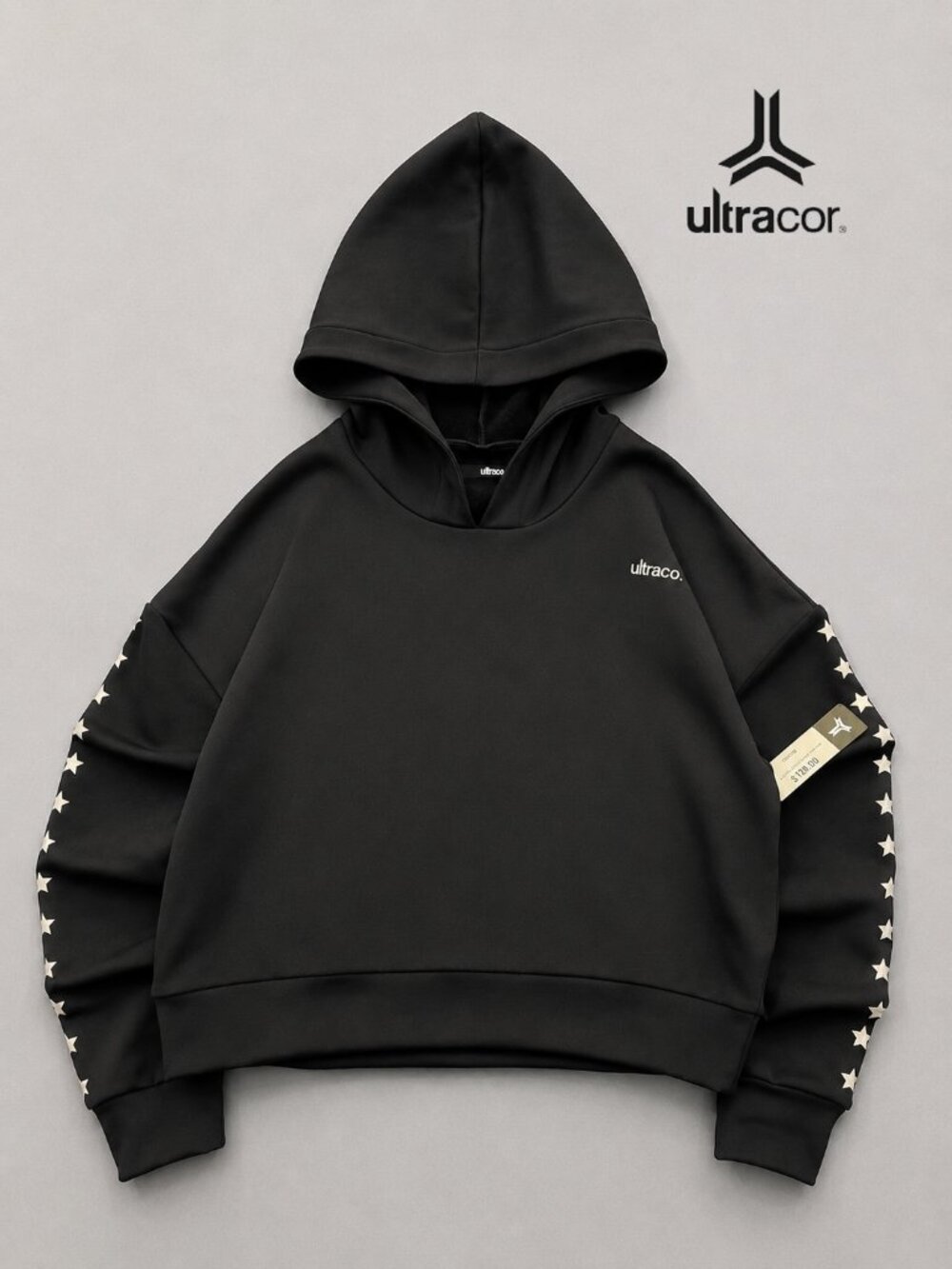 NWT Ultracor Cropped Hoodie Black Star Sleeve Made in USA Size M MSRP $198